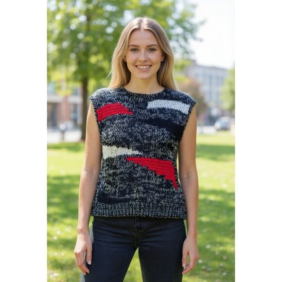 Hand-Knit Sleeveless Black Red Sweater Abstract Large - Picture 2 of 5